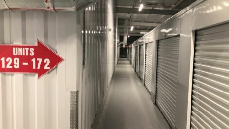 Hallway of indoor storage units at Stoner Creek Storage in Hermitage.