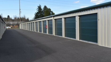 A row of drive up storage units in Olympia, WA.