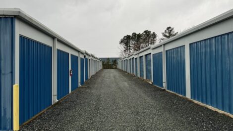 Siler City outdoor storage units with blue doors.