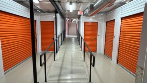 Exterior of indoor self-storage units.