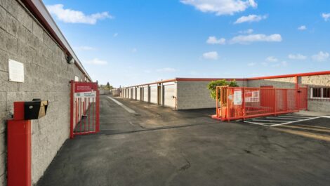 Storage facility with security gate open.