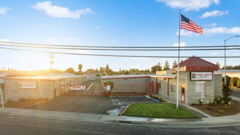 Ariel view of Safe-Hold Storage facility with the American flag blowing in the wind.