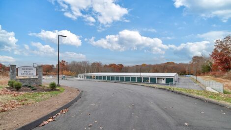 Aerial view of Oxford Self Storage from front view.