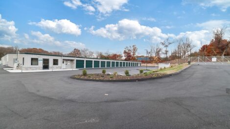 View of storage facility with security gate.