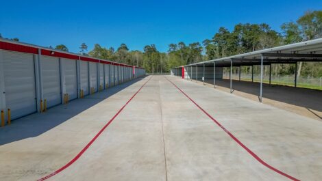 Large drive up storage units with clean paved road.