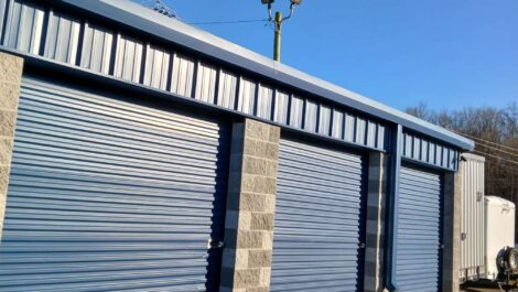 Three blue storage units.