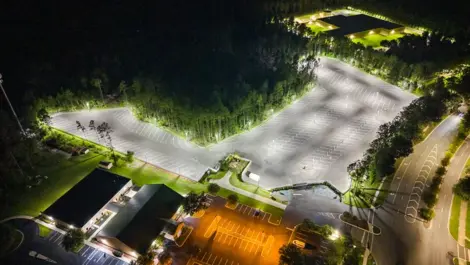 Aerial night view of Oakleaf Premier Boat RV Storage facility.