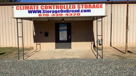 View of climate controlled storage signage at Storage on Board facility.